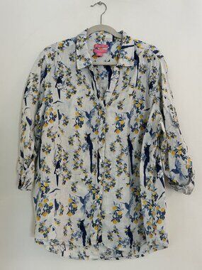 Isaac Mizrahi 100% Linen Tropical Floral Henley Tunic Top White Blue 2X